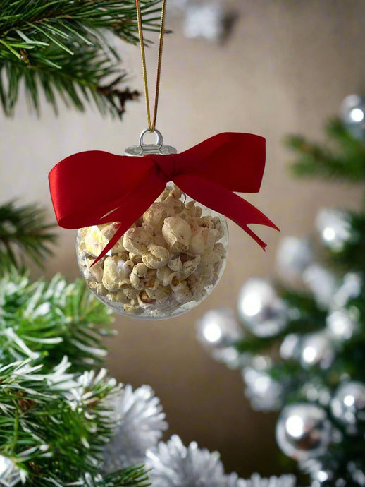 8cm Christmas tree bauble filled with Reef and Beef flavoured Doggy Popcorn at My Happy Pet Online